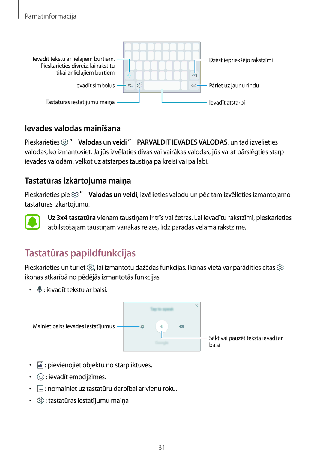 Samsung SM-J330FZDDSEB, SM-J330FZSDSEB Tastatūras papildfunkcijas, Ievades valodas mainīšana, Tastatūras izkārtojuma maiņa 