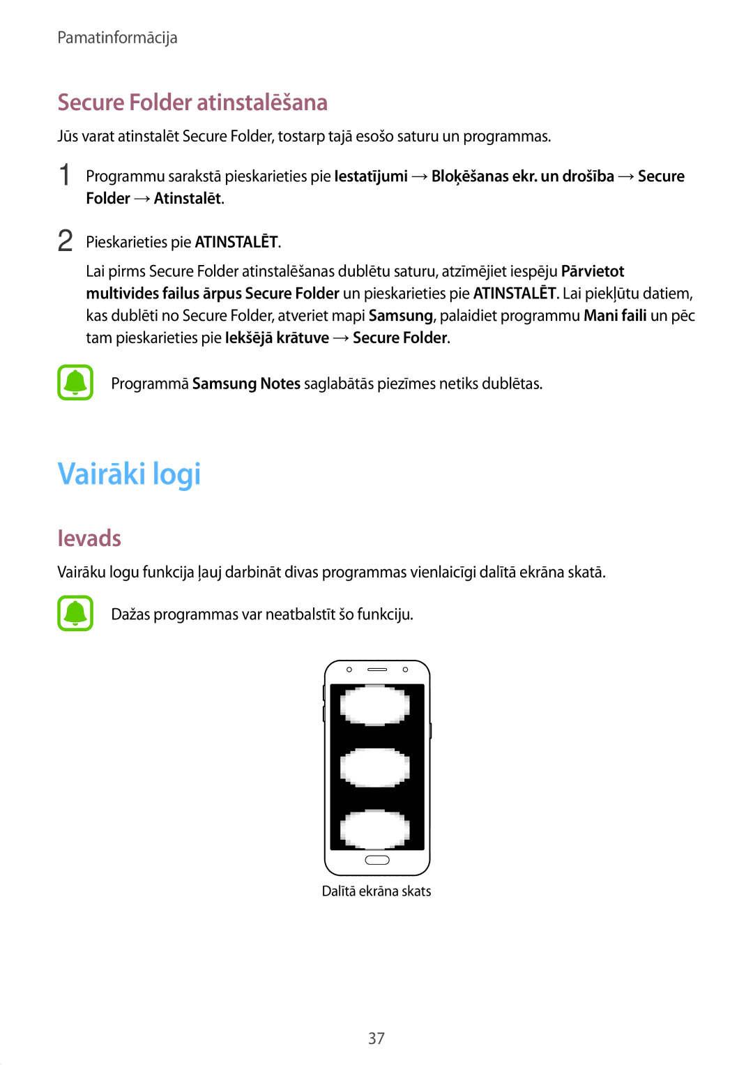 Samsung SM-J330FZDDSEB, SM-J330FZSDSEB manual Vairāki logi, Secure Folder atinstalēšana, Pieskarieties pie Atinstalēt 