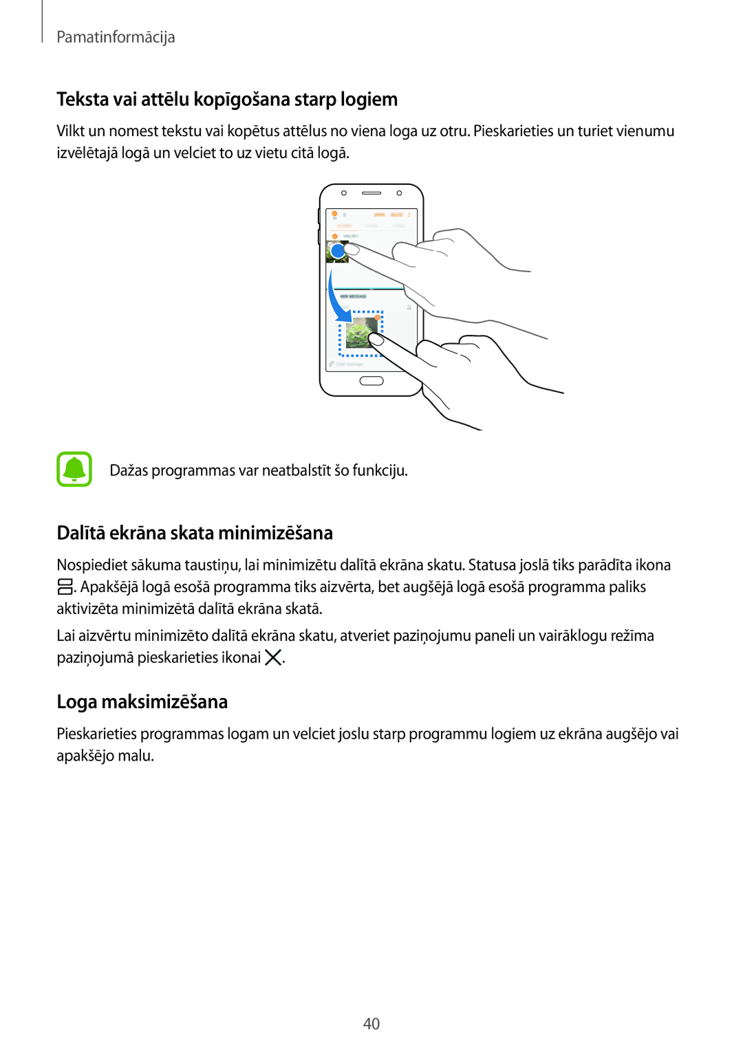 Samsung SM-J330FZDDSEB Teksta vai attēlu kopīgošana starp logiem, Dalītā ekrāna skata minimizēšana, Loga maksimizēšana 
