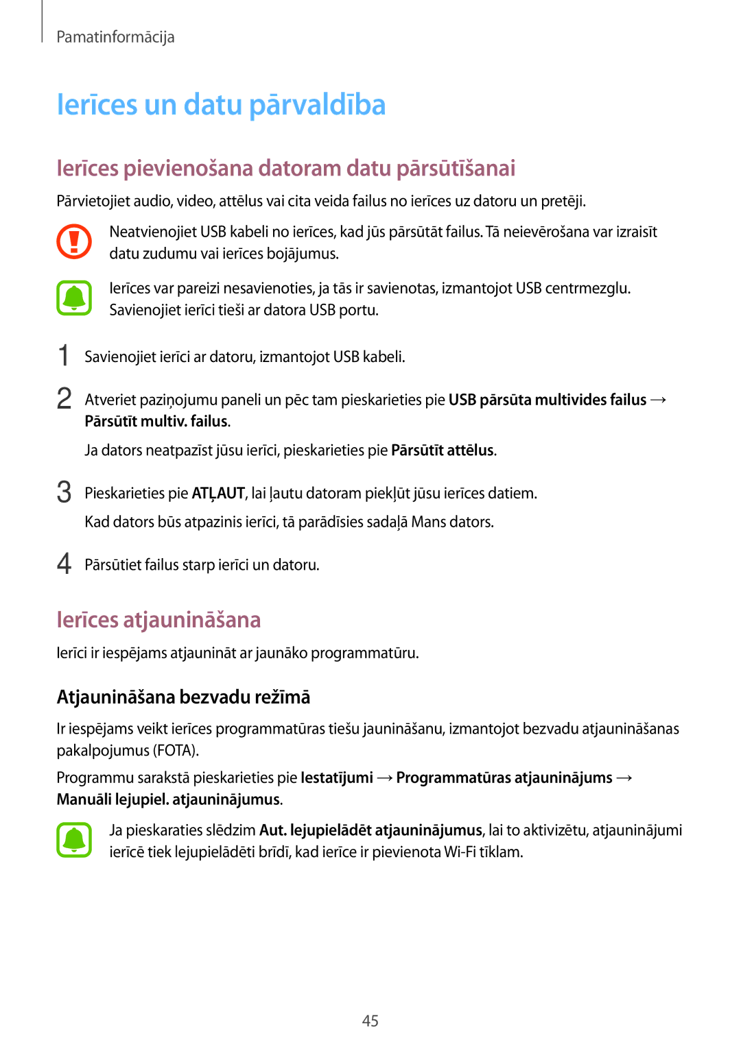 Samsung SM-J330FZSDSEB Ierīces un datu pārvaldība, Ierīces pievienošana datoram datu pārsūtīšanai, Ierīces atjaunināšana 