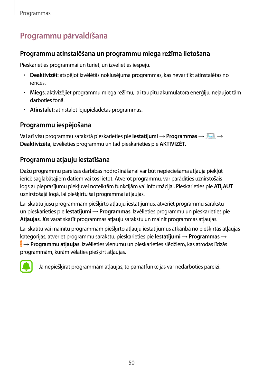 Samsung SM-J330FZKDSEB, SM-J330FZSDSEB Programmu pārvaldīšana, Programmu atinstalēšana un programmu miega režīma lietošana 