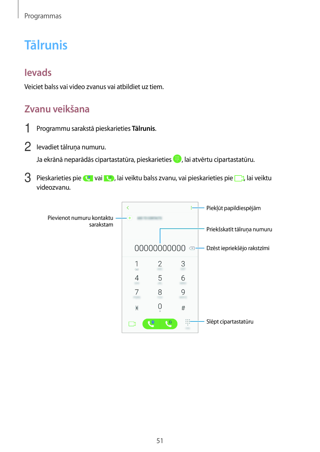 Samsung SM-J330FZSDSEB, SM-J330FZDDSEB manual Tālrunis, Zvanu veikšana, Veiciet balss vai video zvanus vai atbildiet uz tiem 