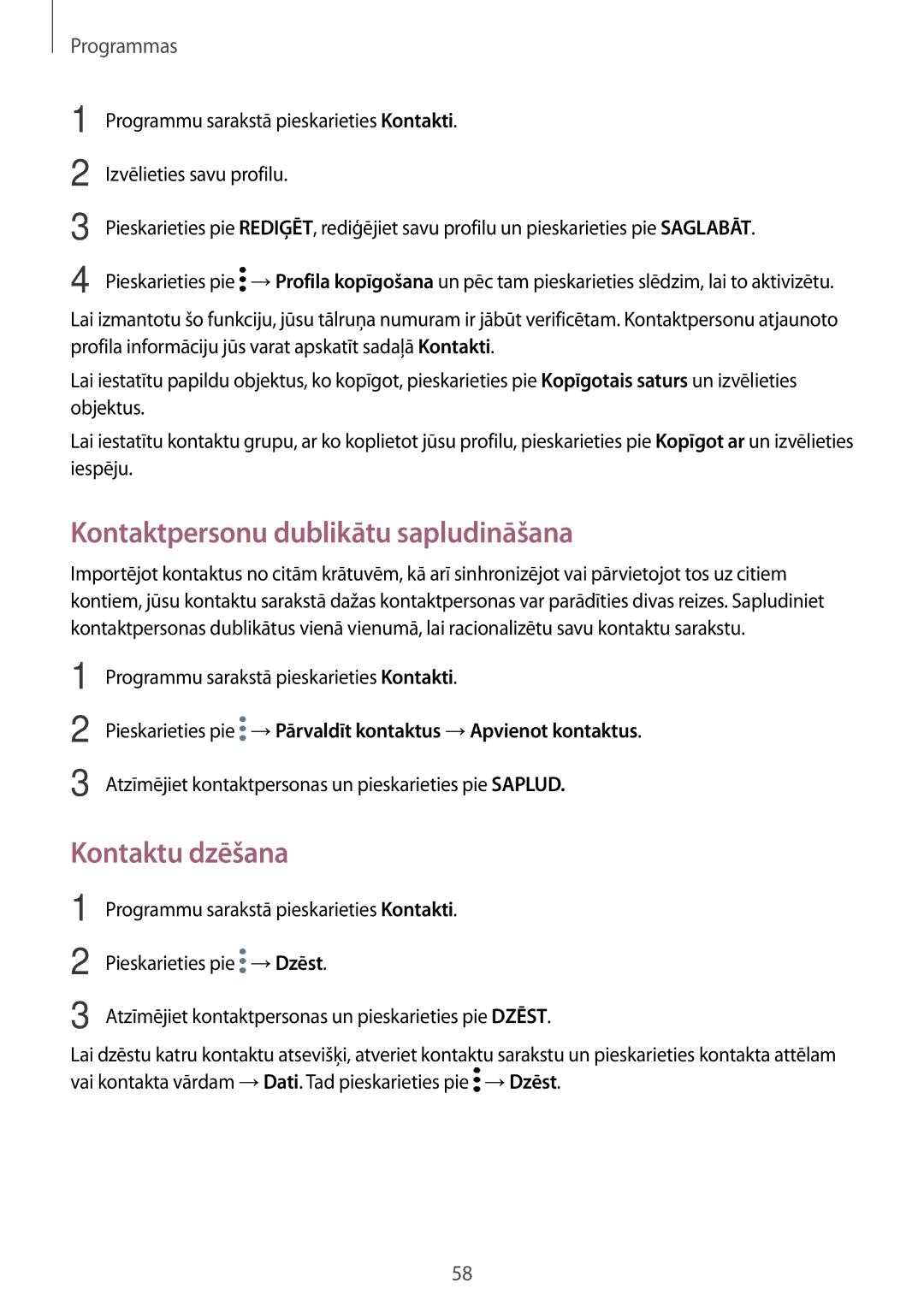 Samsung SM-J330FZDDSEB, SM-J330FZSDSEB, SM-J330FZKDSEB manual Kontaktpersonu dublikātu sapludināšana, Kontaktu dzēšana 