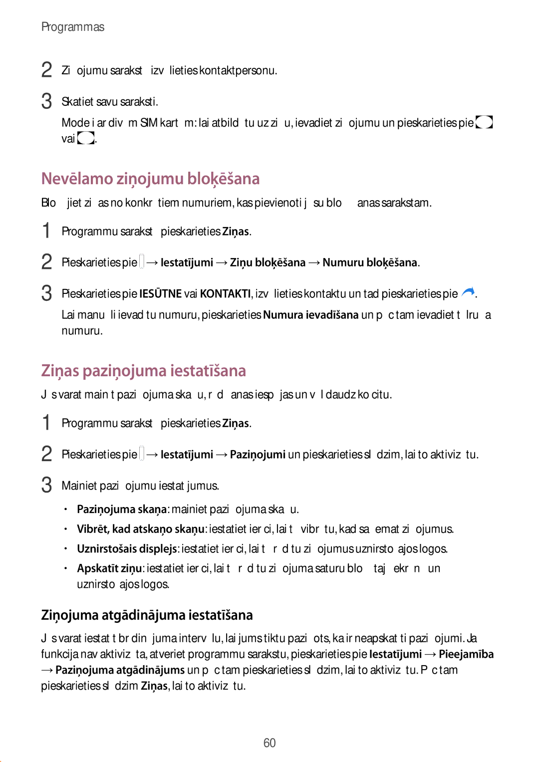 Samsung SM-J330FZSDSEB manual Nevēlamo ziņojumu bloķēšana, Ziņas paziņojuma iestatīšana, Ziņojuma atgādinājuma iestatīšana 