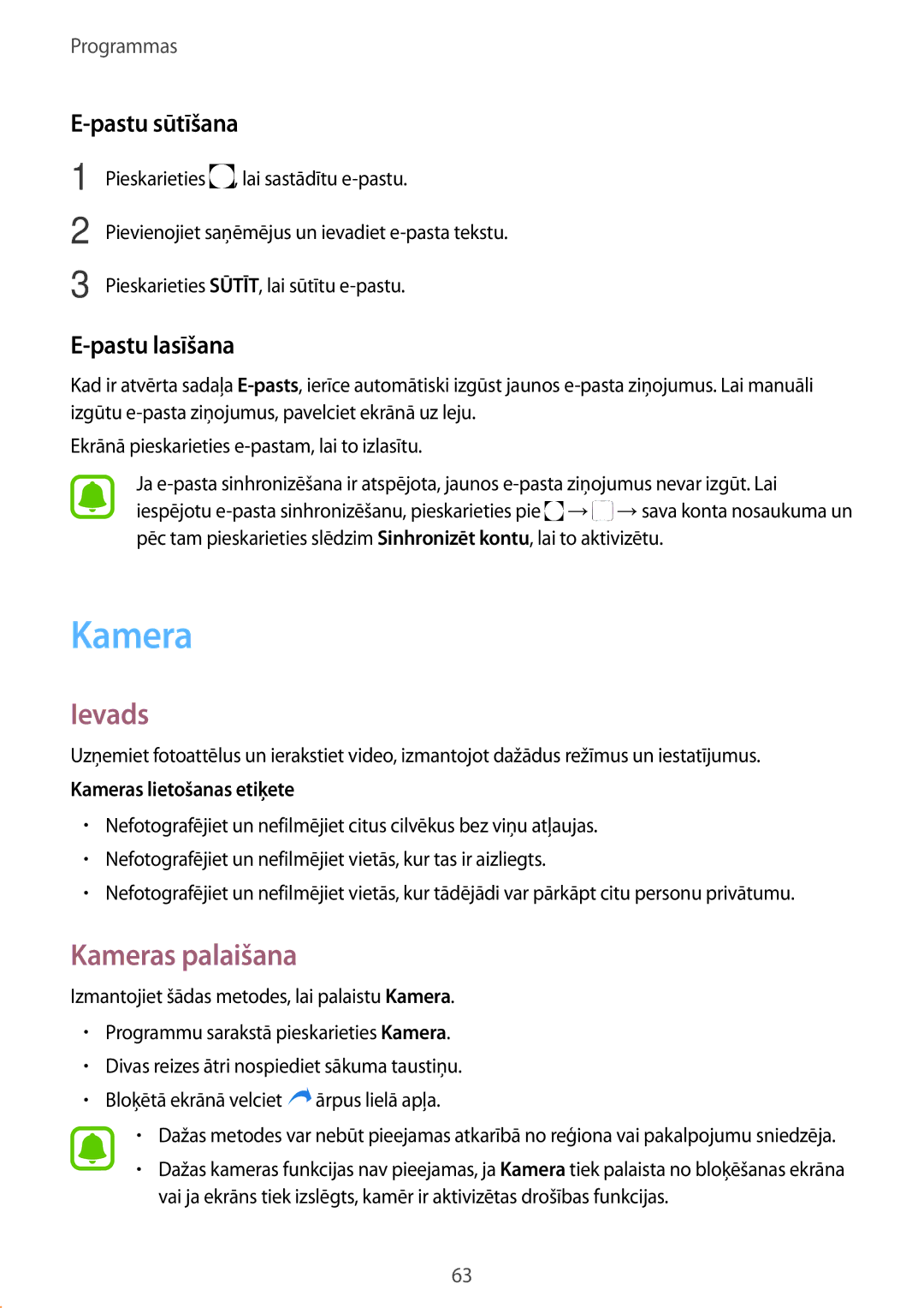 Samsung SM-J330FZSDSEB, SM-J330FZDDSEB, SM-J330FZKDSEB manual Kameras palaišana, Pastu sūtīšana, Pastu lasīšana 