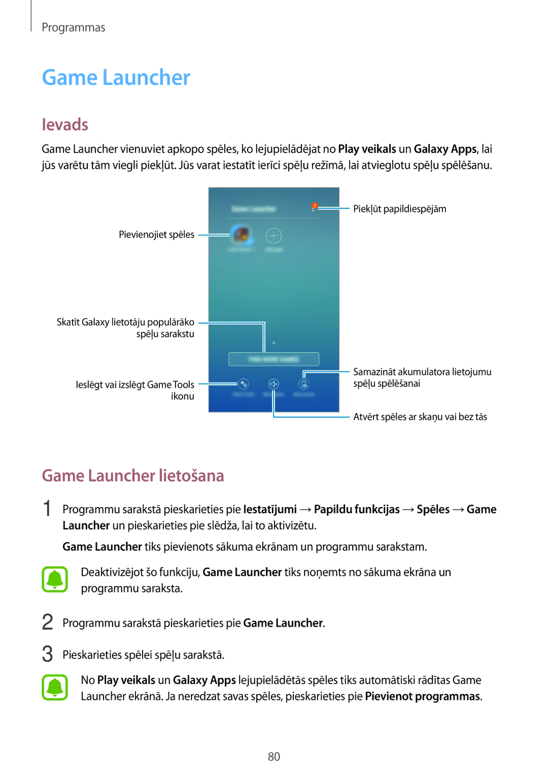 Samsung SM-J330FZKDSEB, SM-J330FZSDSEB, SM-J330FZDDSEB manual Game Launcher lietošana 