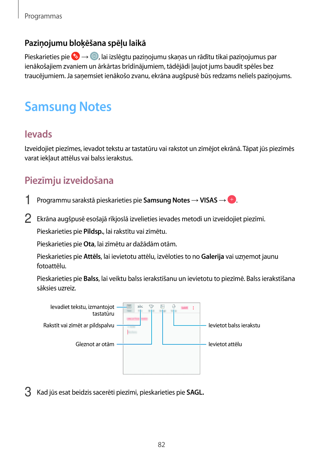 Samsung SM-J330FZDDSEB, SM-J330FZSDSEB manual Samsung Notes, Piezīmju izveidošana, Paziņojumu bloķēšana spēļu laikā 