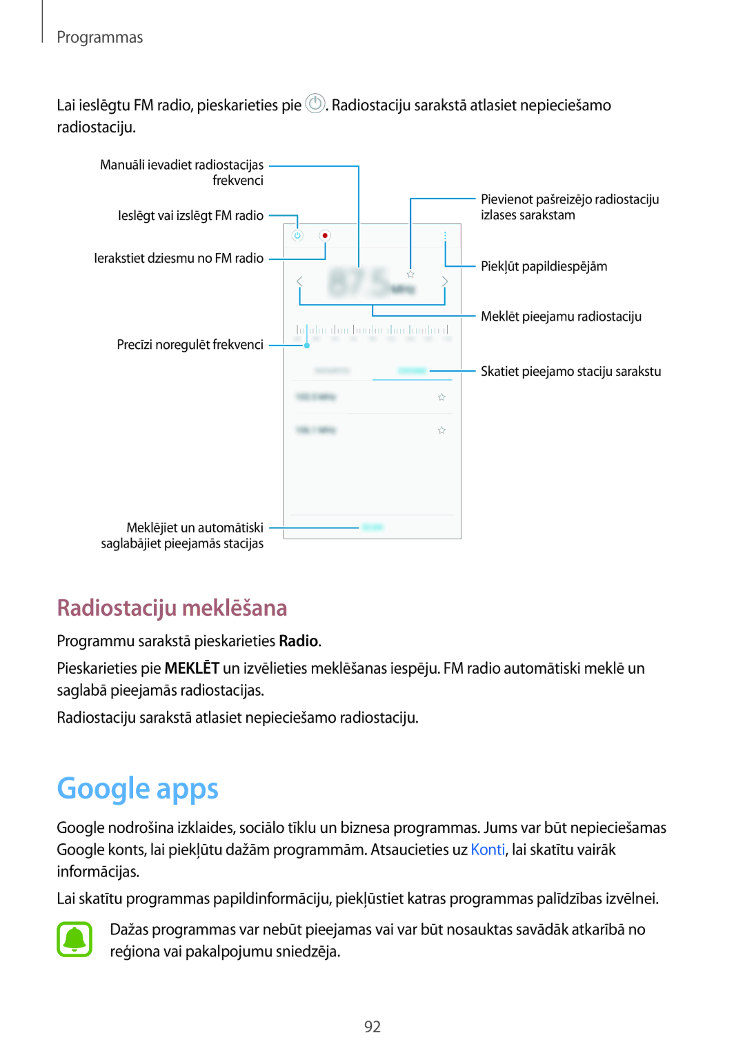 Samsung SM-J330FZKDSEB, SM-J330FZSDSEB, SM-J330FZDDSEB manual Google apps, Radiostaciju meklēšana 