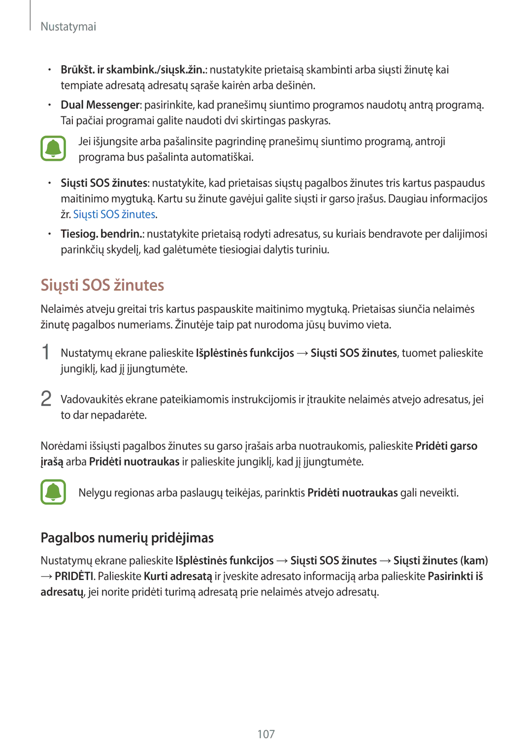 Samsung SM-J330FZKDSEB, SM-J330FZSDSEB, SM-J330FZDDSEB manual Siųsti SOS žinutes, Pagalbos numerių pridėjimas 