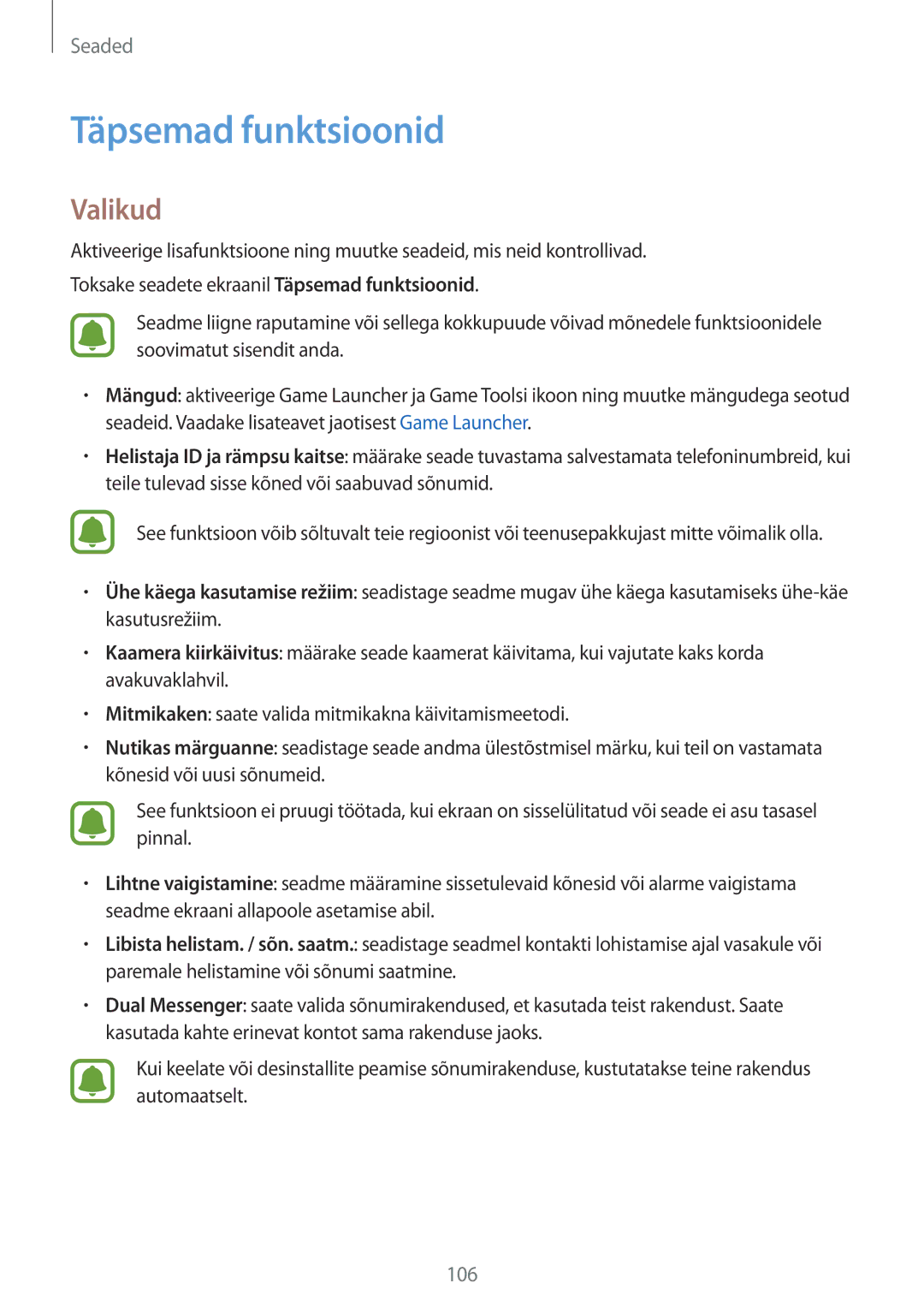 Samsung SM-J330FZDDSEB, SM-J330FZSDSEB, SM-J330FZKDSEB manual Täpsemad funktsioonid 