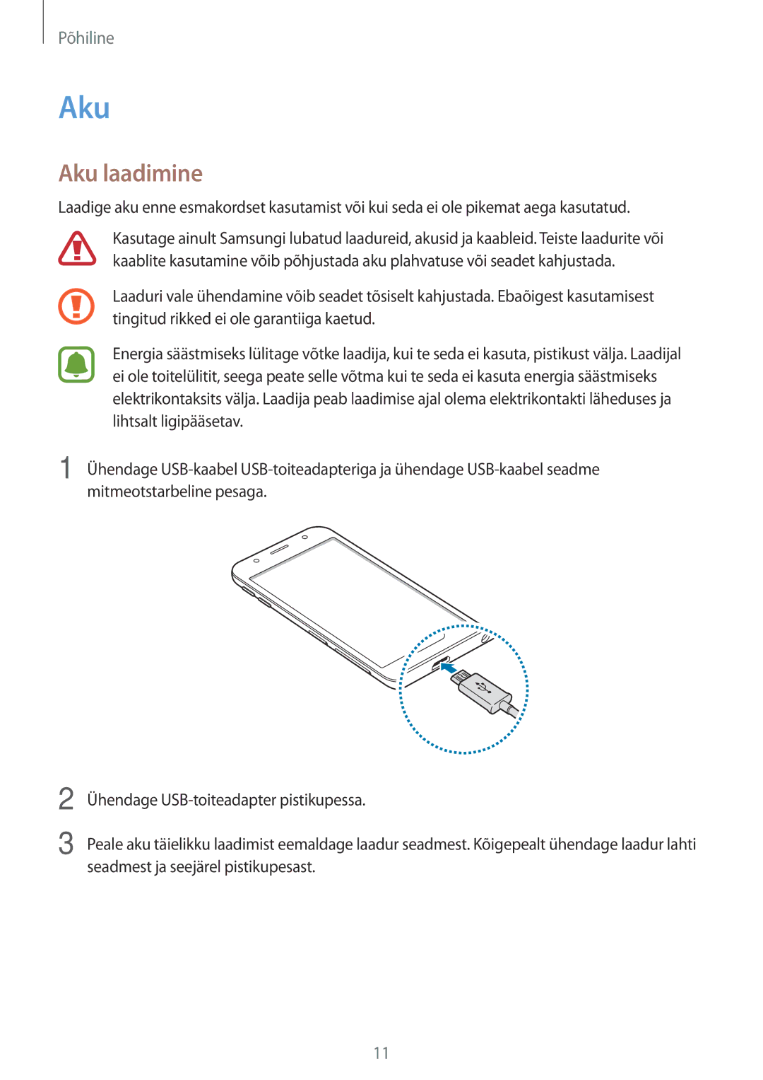 Samsung SM-J330FZKDSEB, SM-J330FZSDSEB, SM-J330FZDDSEB manual Aku laadimine 