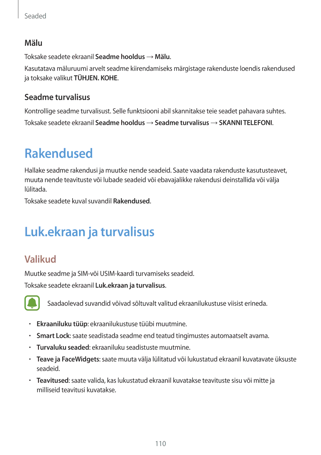 Samsung SM-J330FZKDSEB, SM-J330FZSDSEB, SM-J330FZDDSEB manual Rakendused, Luk.ekraan ja turvalisus, Mälu, Seadme turvalisus 