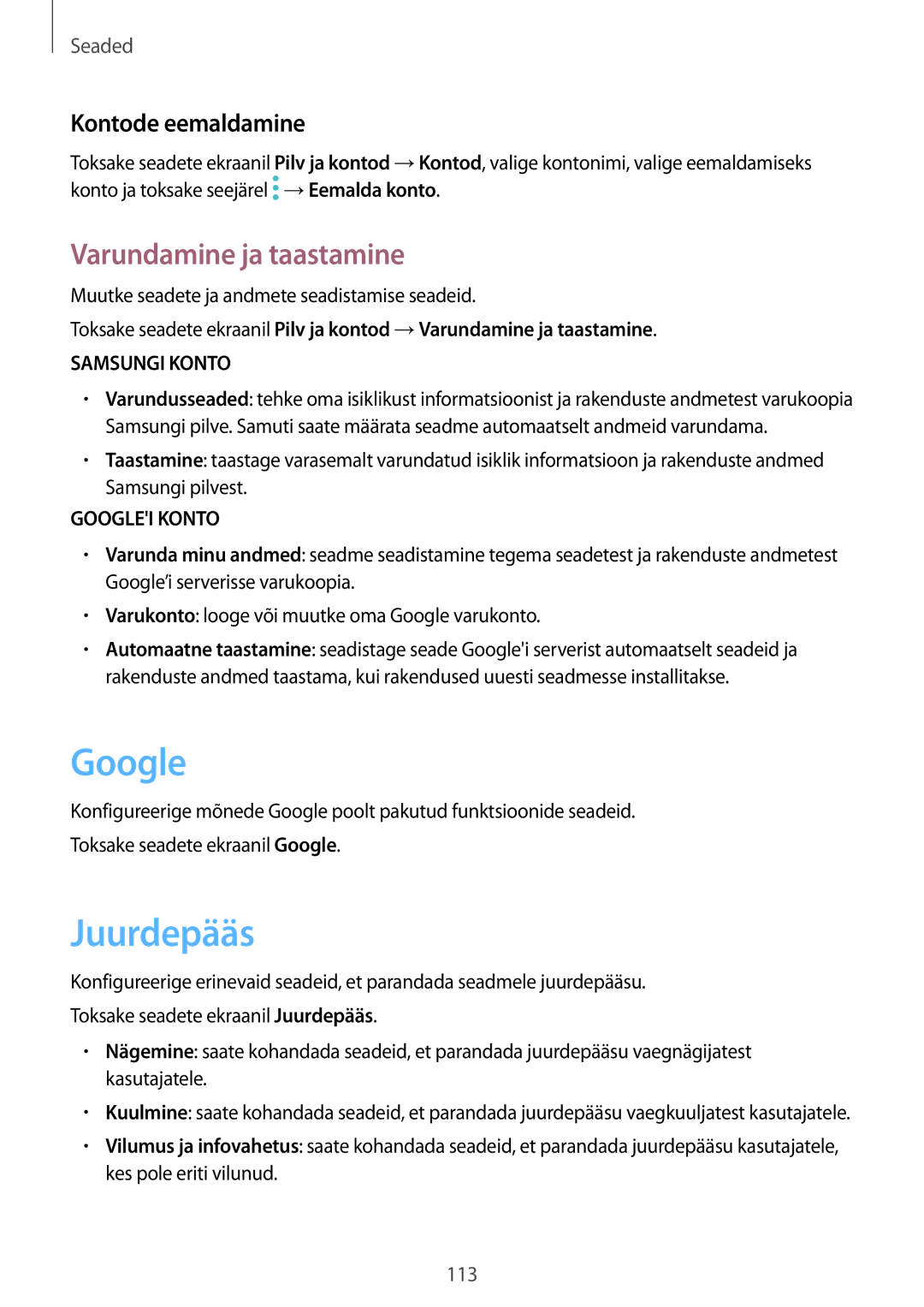 Samsung SM-J330FZKDSEB, SM-J330FZSDSEB, SM-J330FZDDSEB Google, Juurdepääs, Varundamine ja taastamine, Kontode eemaldamine 