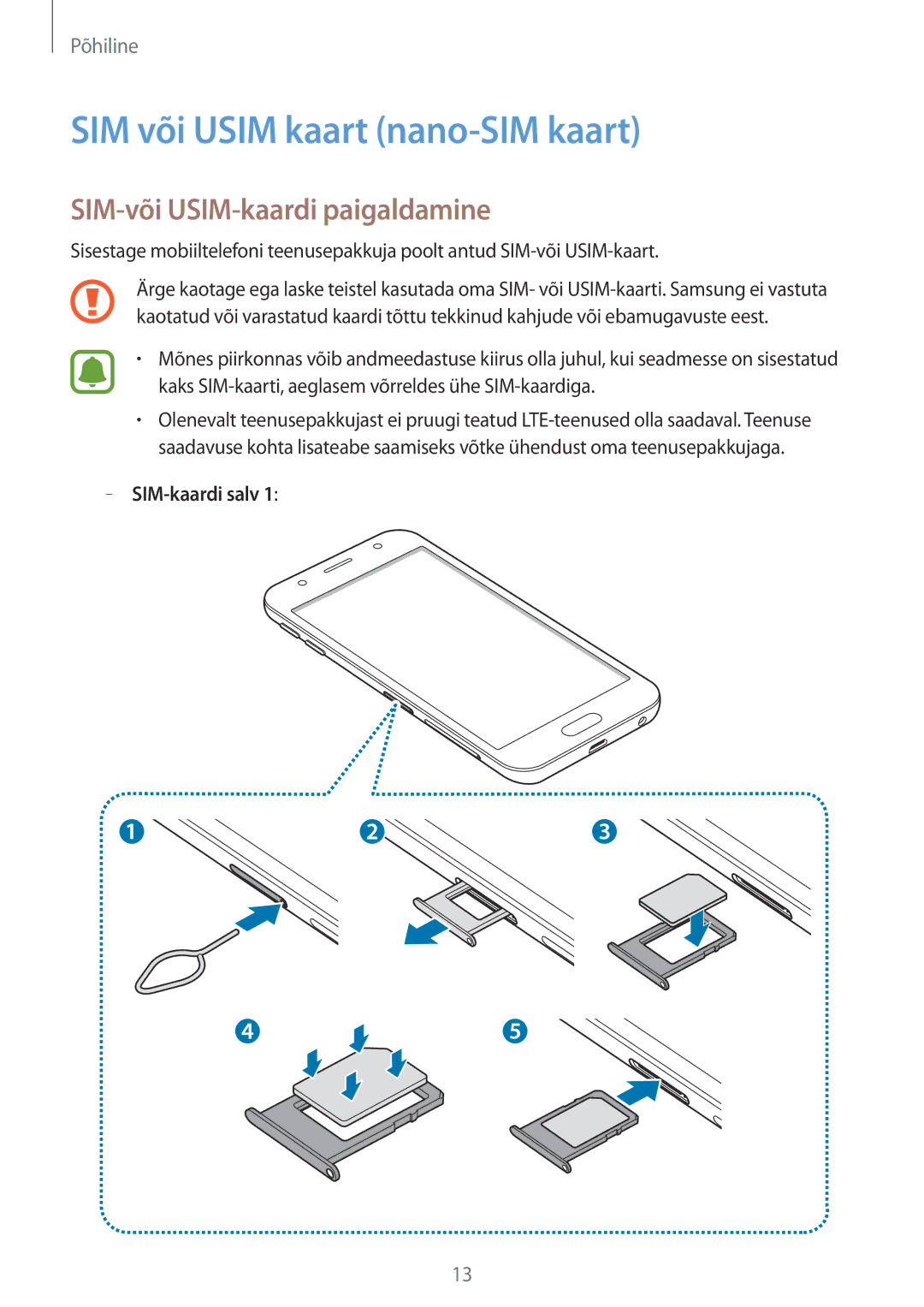 Samsung SM-J330FZDDSEB manual SIM või Usim kaart nano-SIM kaart, SIM-või USIM-kaardi paigaldamine, SIM-kaardi salv 