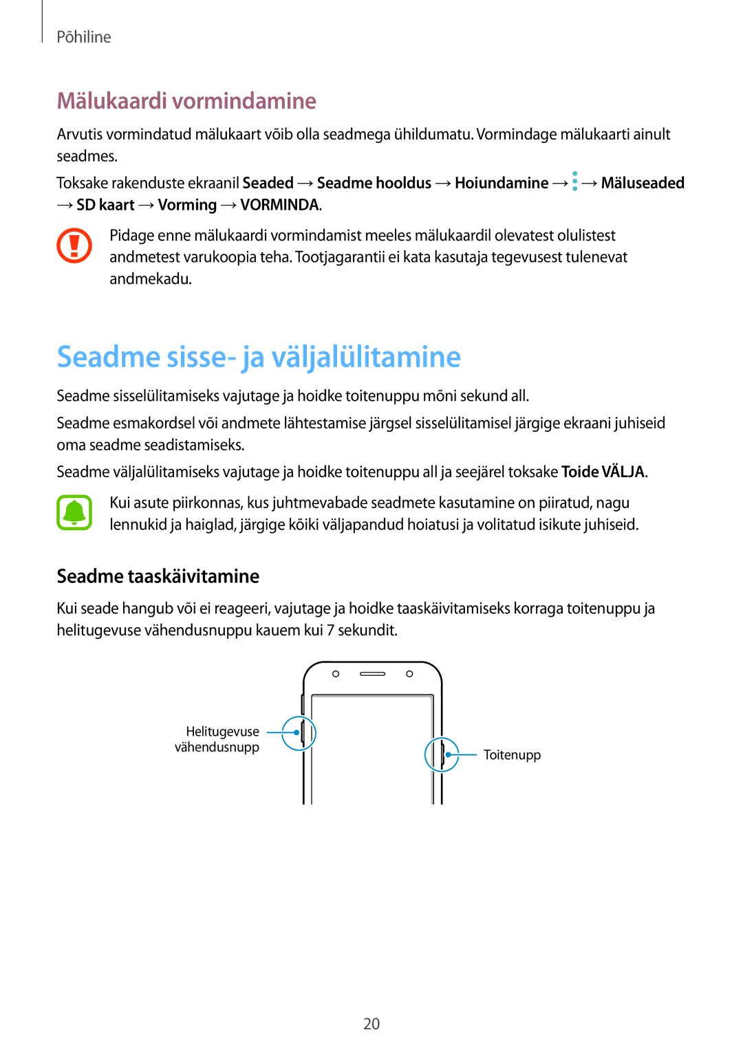 Samsung SM-J330FZKDSEB, SM-J330FZSDSEB Seadme sisse- ja väljalülitamine, Mälukaardi vormindamine, Seadme taaskäivitamine 