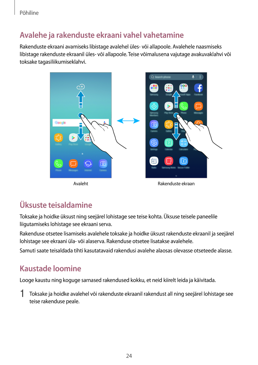 Samsung SM-J330FZSDSEB manual Avalehe ja rakenduste ekraani vahel vahetamine, Üksuste teisaldamine, Kaustade loomine 