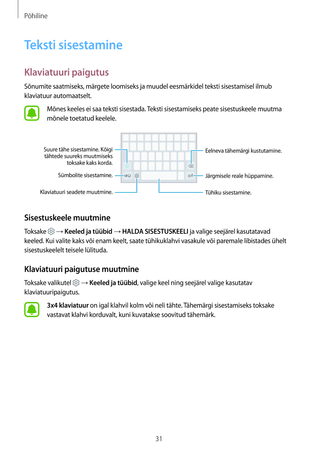 Samsung SM-J330FZDDSEB, SM-J330FZSDSEB manual Teksti sisestamine, Sisestuskeele muutmine, Klaviatuuri paigutuse muutmine 