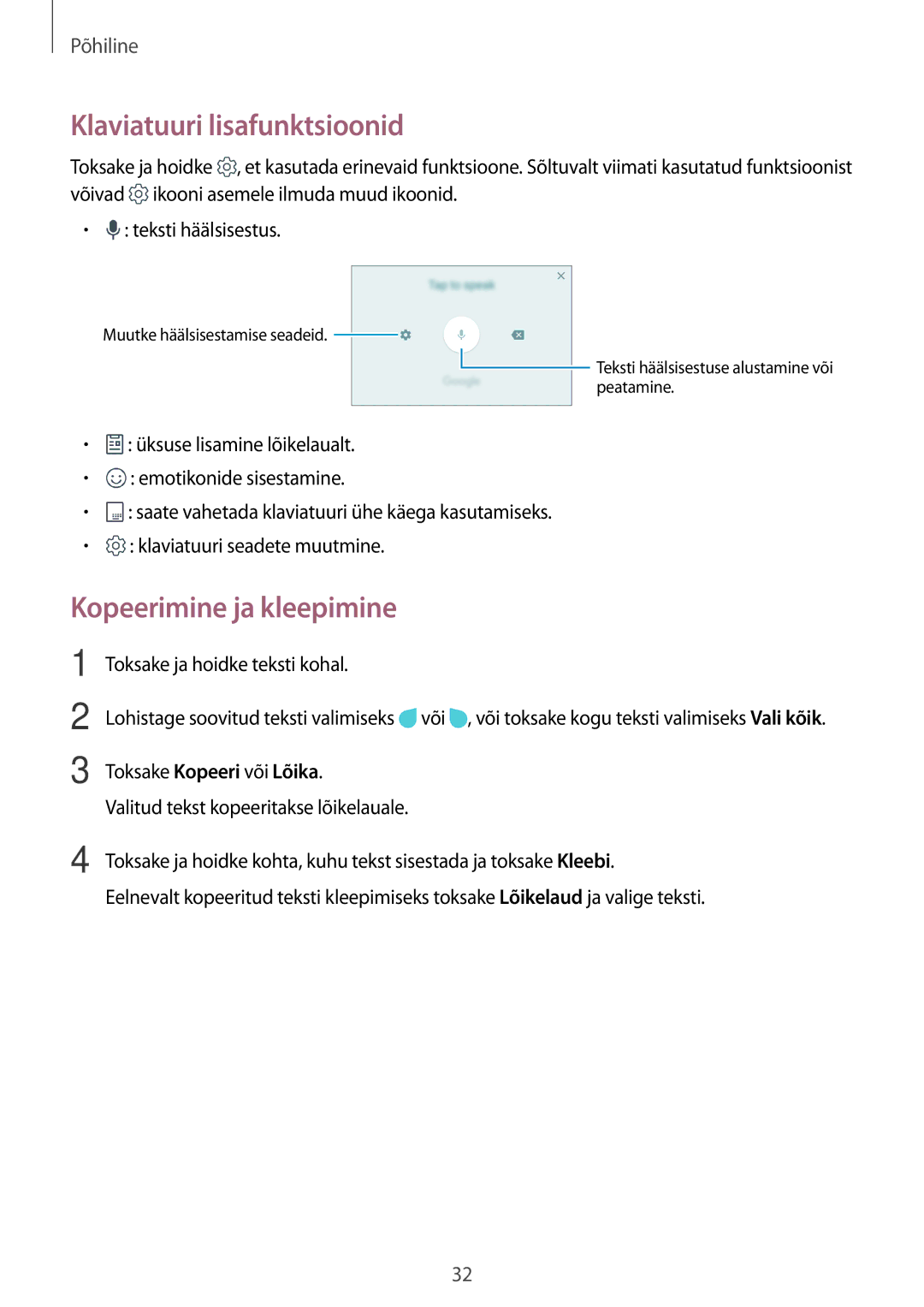 Samsung SM-J330FZKDSEB manual Klaviatuuri lisafunktsioonid, Kopeerimine ja kleepimine, Klaviatuuri seadete muutmine 