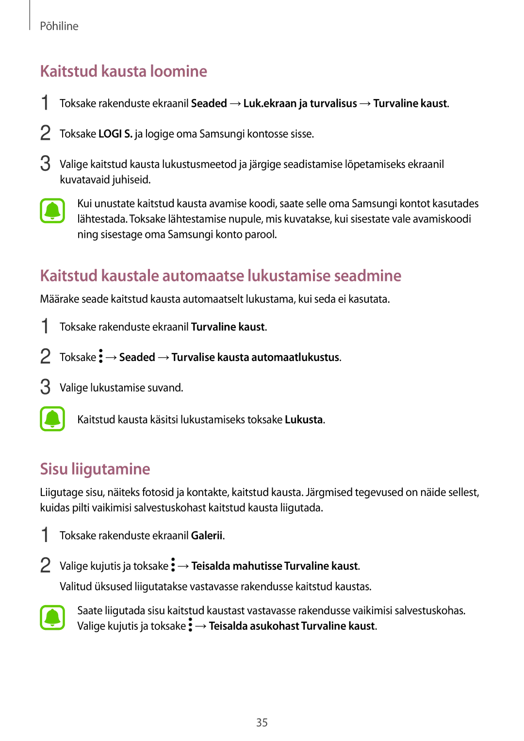 Samsung SM-J330FZKDSEB manual Kaitstud kausta loomine, Kaitstud kaustale automaatse lukustamise seadmine, Sisu liigutamine 