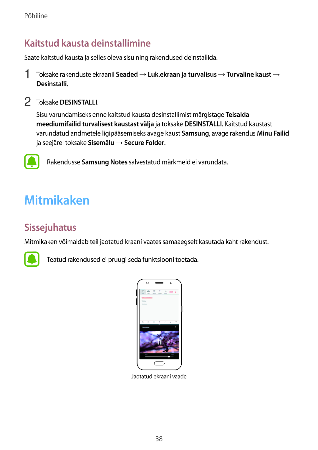 Samsung SM-J330FZKDSEB, SM-J330FZSDSEB, SM-J330FZDDSEB manual Mitmikaken, Kaitstud kausta deinstallimine 