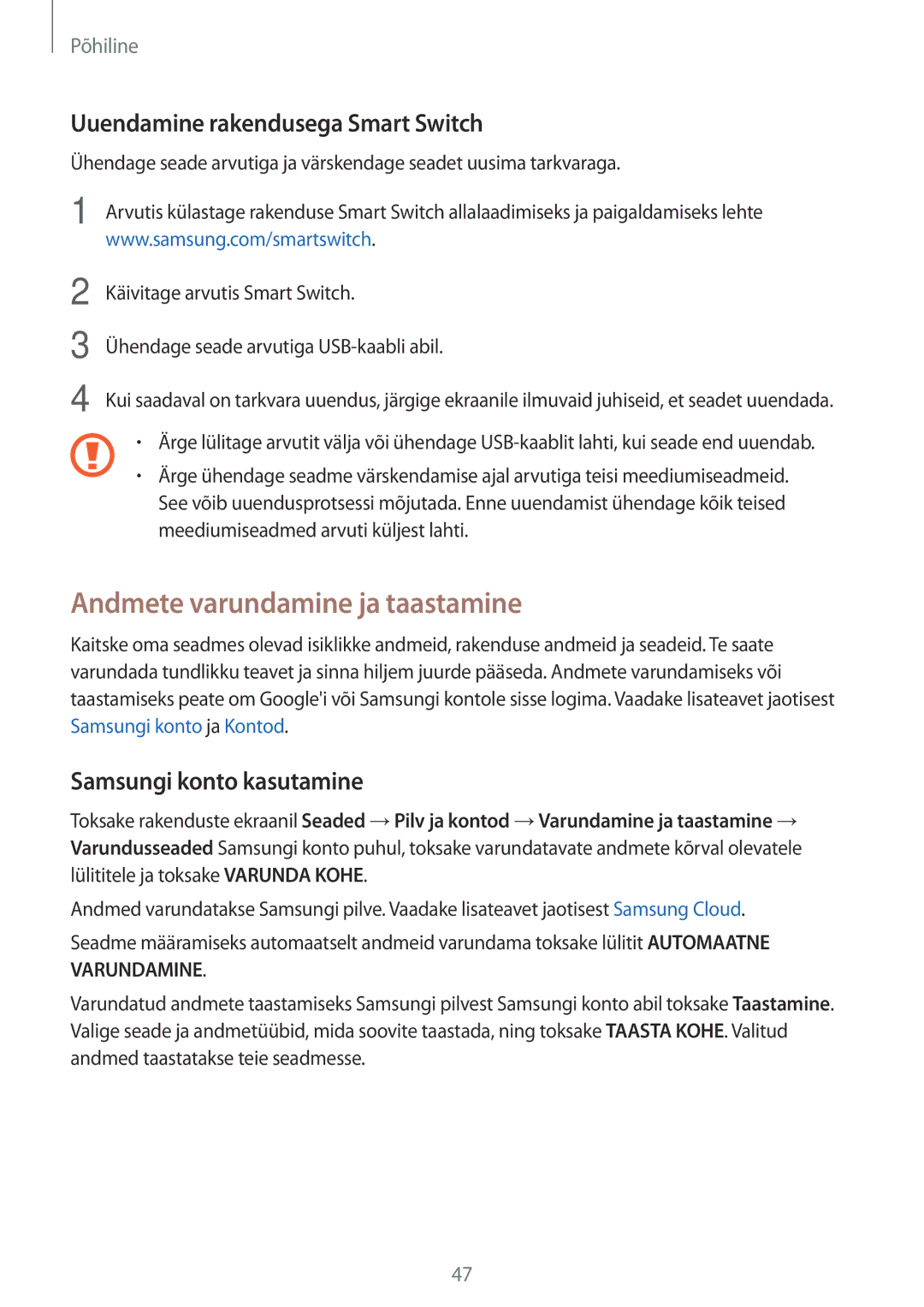 Samsung SM-J330FZKDSEB Andmete varundamine ja taastamine, Uuendamine rakendusega Smart Switch, Samsungi konto kasutamine 