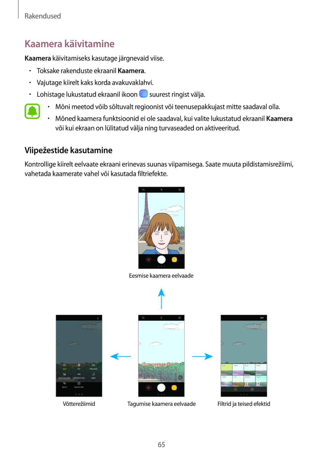 Samsung SM-J330FZKDSEB, SM-J330FZSDSEB, SM-J330FZDDSEB manual Kaamera käivitamine, Viipežestide kasutamine 