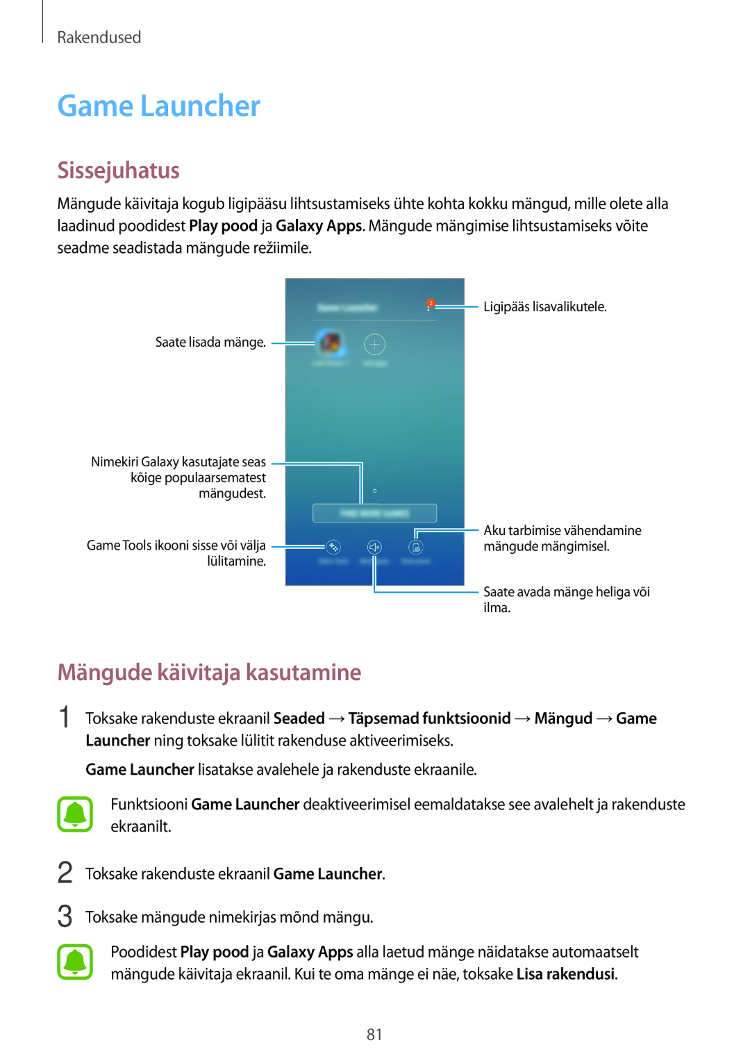 Samsung SM-J330FZSDSEB, SM-J330FZDDSEB, SM-J330FZKDSEB manual Game Launcher, Mängude käivitaja kasutamine 