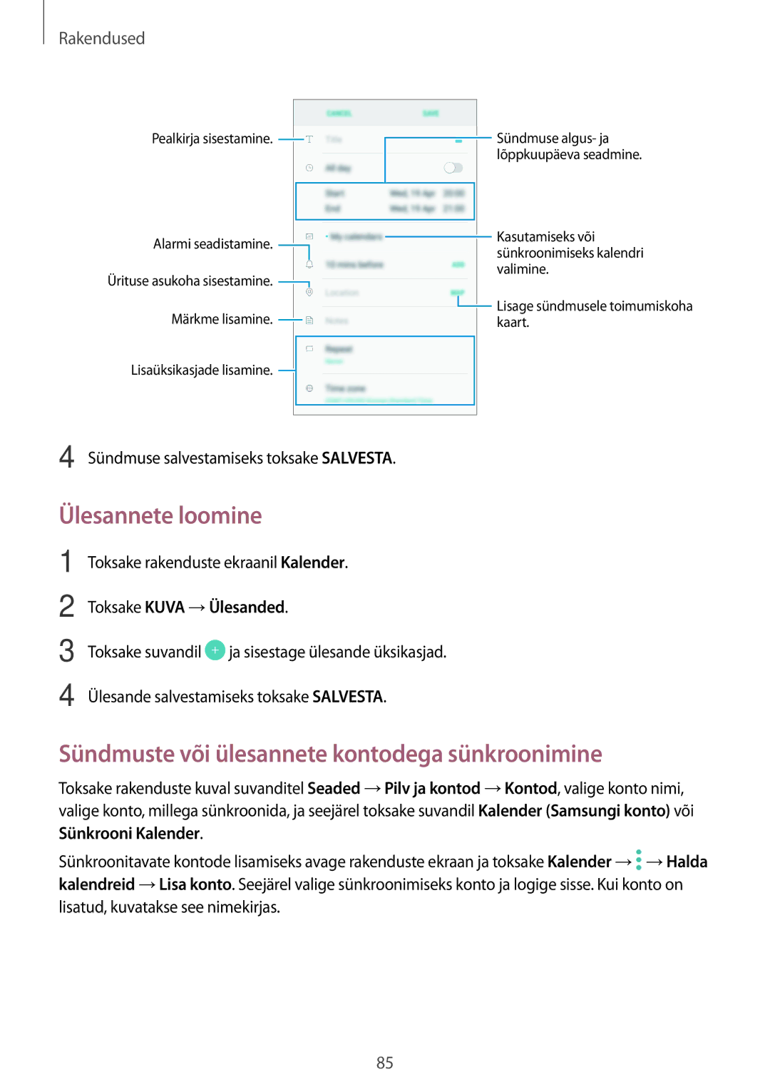 Samsung SM-J330FZDDSEB manual Ülesannete loomine, Sündmuste või ülesannete kontodega sünkroonimine, Toksake Kuva →Ülesanded 