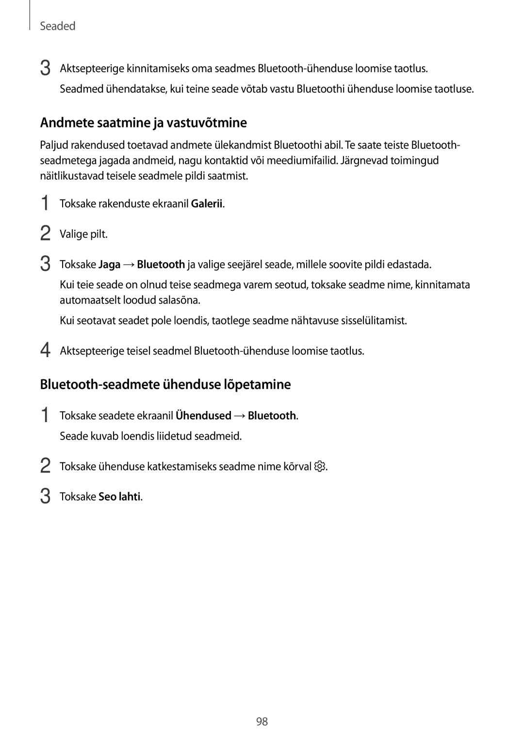 Samsung SM-J330FZKDSEB, SM-J330FZSDSEB manual Andmete saatmine ja vastuvõtmine, Bluetooth-seadmete ühenduse lõpetamine 