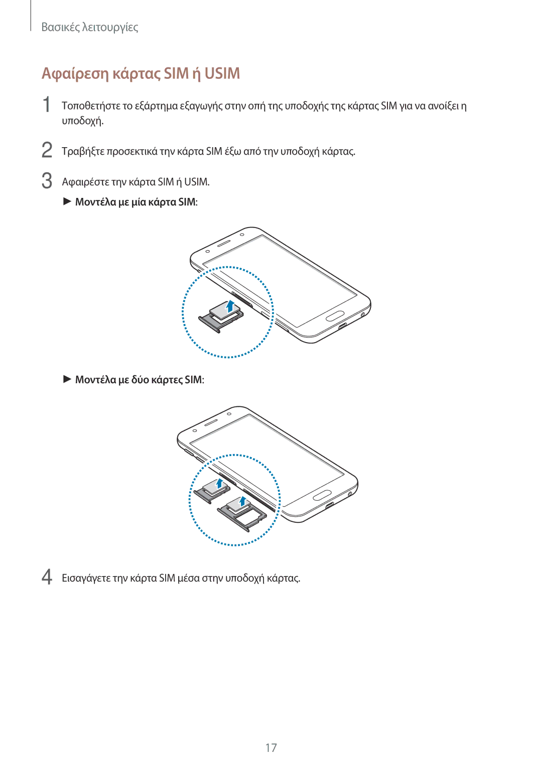 Samsung SM-J330FZKNEUR, SM-J330FZSNCOS, SM-J330FZSNEUR, SM-J330FZDNCOS, SM-J330FZKNCOS manual Αφαίρεση κάρτας SIM ή Usim 