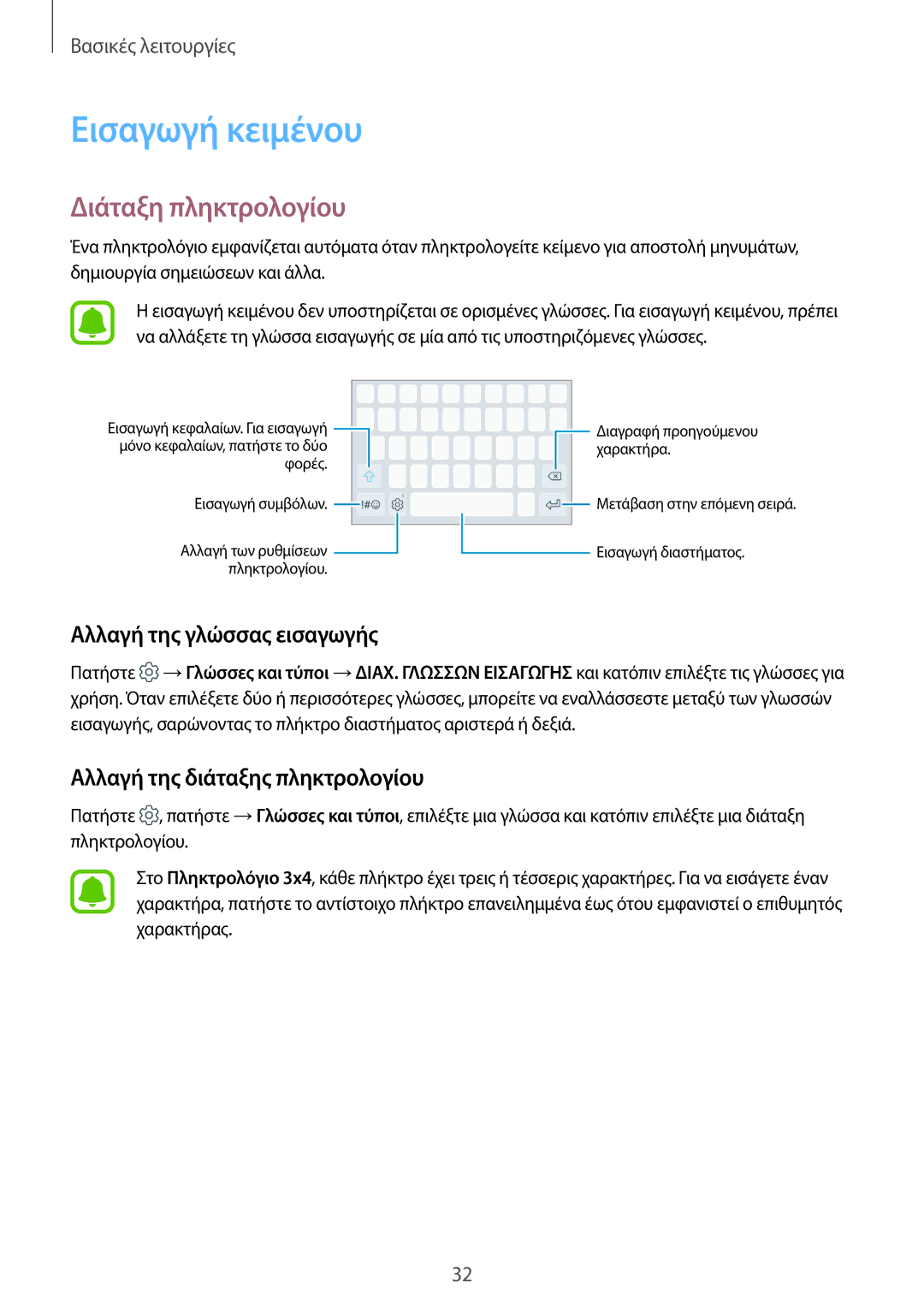 Samsung SM-J330FZKNCOS, SM-J330FZSNCOS manual Εισαγωγή κειμένου, Διάταξη πληκτρολογίου, Αλλαγή της γλώσσας εισαγωγής 