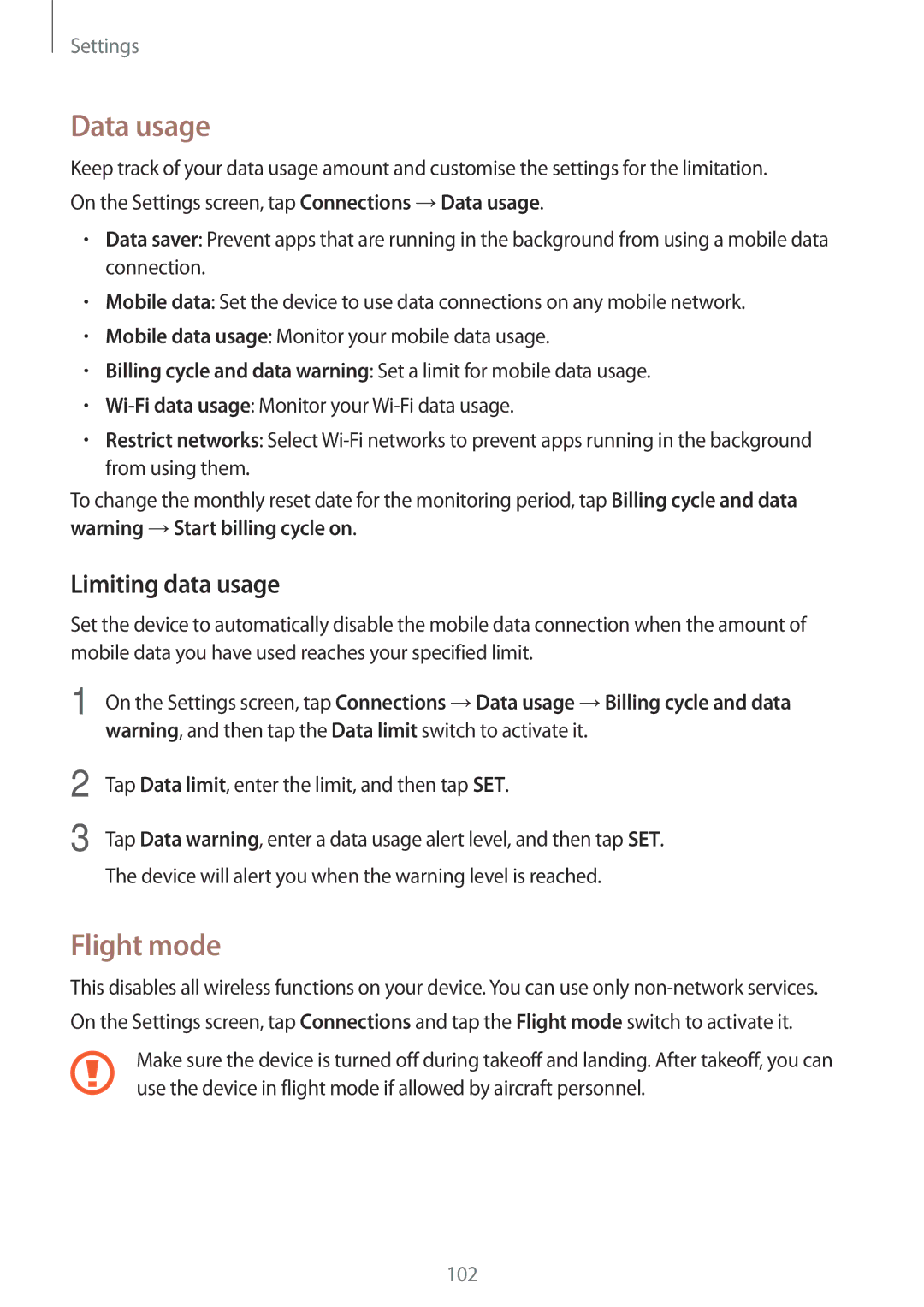 Samsung SM-J330FZKNSFR, SM-J330FZSNDDE, SM-J330FZDNBOG, SM-J330FZKNTCL manual Data usage, Flight mode, Limiting data usage 