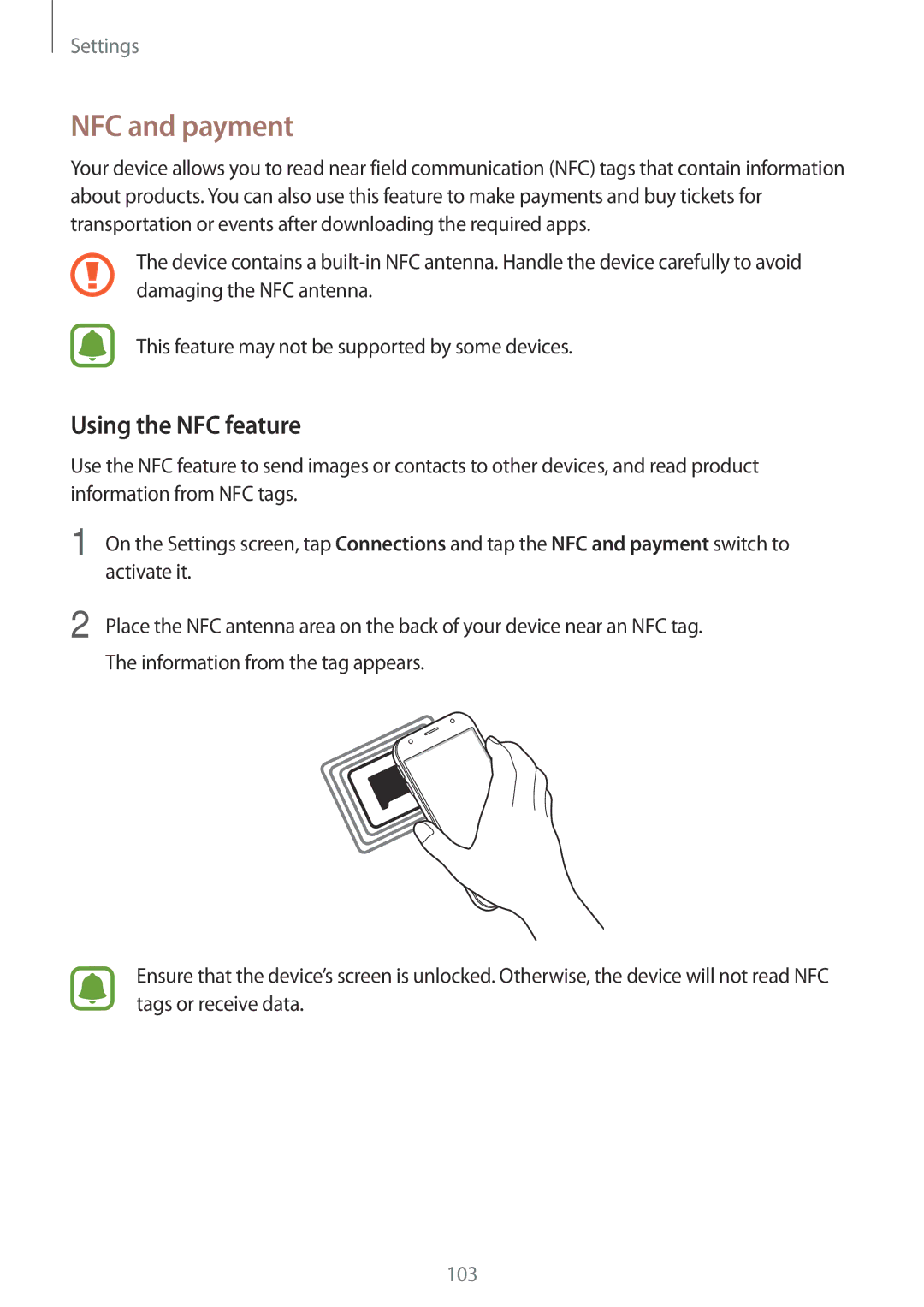 Samsung SM-J330FZKNCOS, SM-J330FZSNDDE, SM-J330FZDNBOG, SM-J330FZKNTCL, SM-J330FZSNCOS NFC and payment, Using the NFC feature 