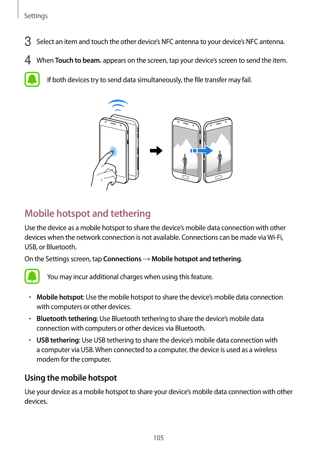 Samsung SM-J330FZDNFTM, SM-J330FZSNDDE, SM-J330FZDNBOG manual Mobile hotspot and tethering, Using the mobile hotspot 