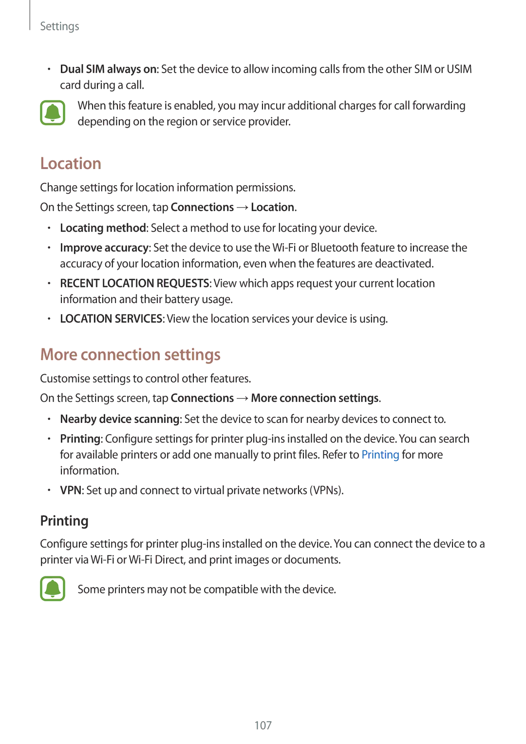 Samsung SM-J330FZSNVGR, SM-J330FZSNDDE, SM-J330FZDNBOG, SM-J330FZKNTCL manual Location, More connection settings, Printing 