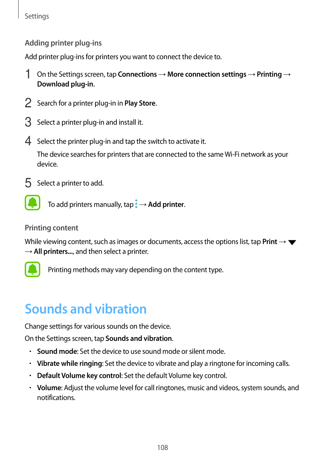 Samsung SM2J330FZSNDDE, SM-J330FZSNDDE, SM-J330FZDNBOG, SM-J330FZKNTCL manual Sounds and vibration, Adding printer plug-ins 