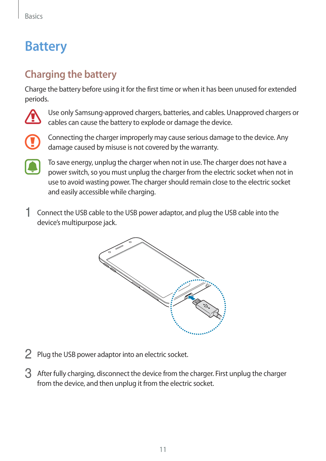 Samsung SM-J330FZKNBOG, SM-J330FZSNDDE, SM-J330FZDNBOG, SM-J330FZKNTCL, SM-J330FZSNCOS manual Battery, Charging the battery 