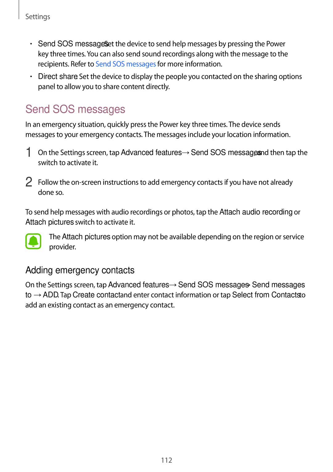 Samsung SM-J330FZSNXEF, SM-J330FZSNDDE, SM-J330FZDNBOG, SM-J330FZKNTCL manual Send SOS messages, Adding emergency contacts 