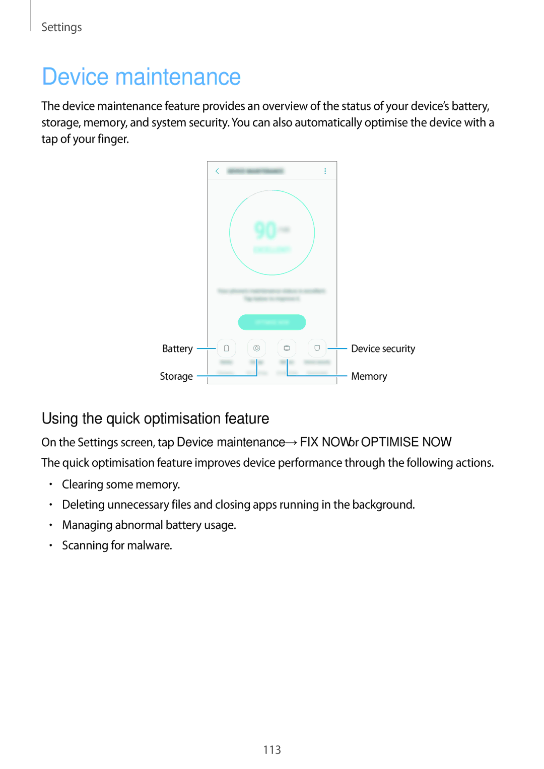 Samsung SM-J330FZKDITV, SM-J330FZSNDDE, SM-J330FZDNBOG manual Device maintenance, Using the quick optimisation feature 