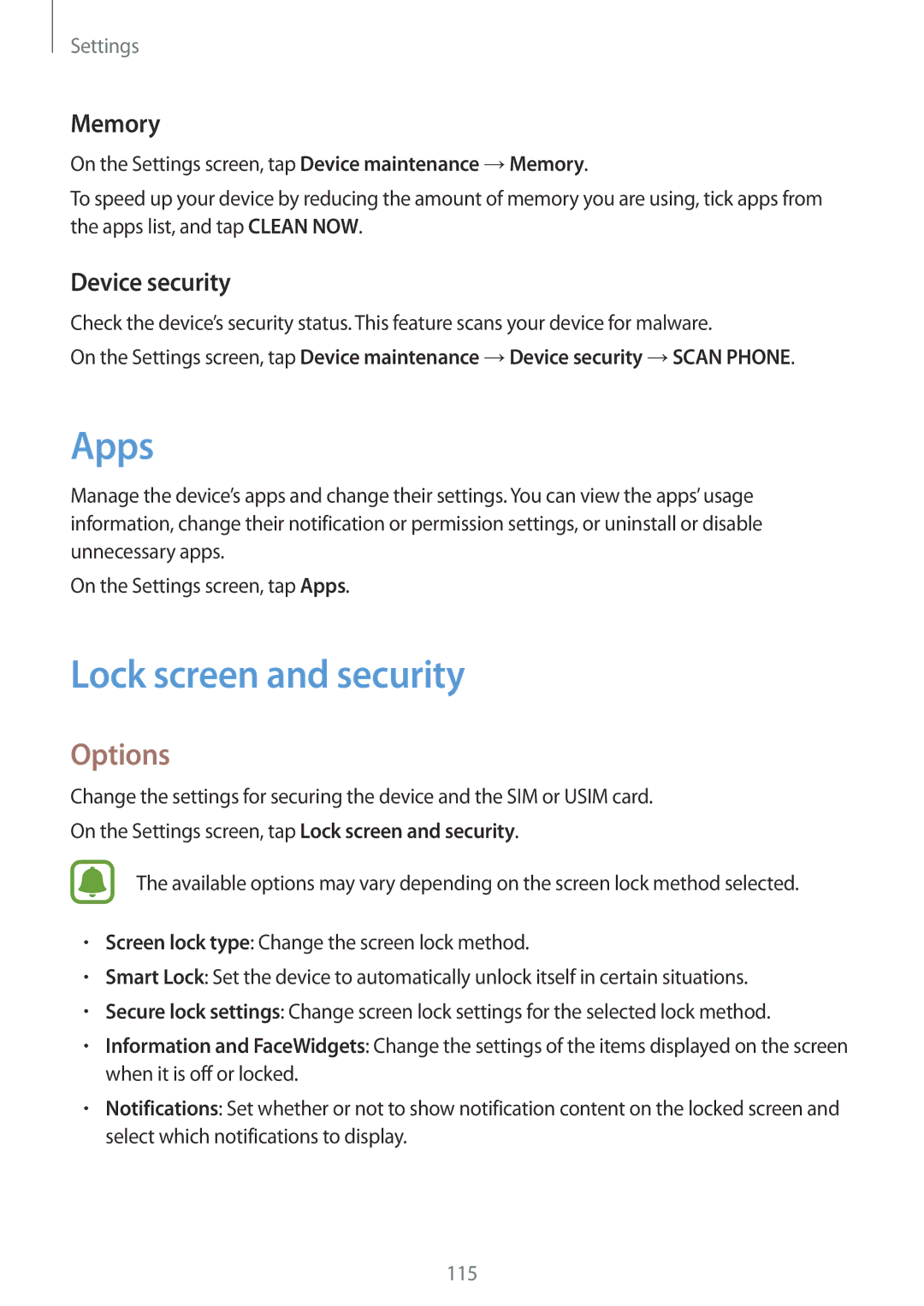 Samsung SM-J330FZDDITV, SM-J330FZSNDDE, SM-J330FZDNBOG manual Apps, Lock screen and security, Memory, Device security 