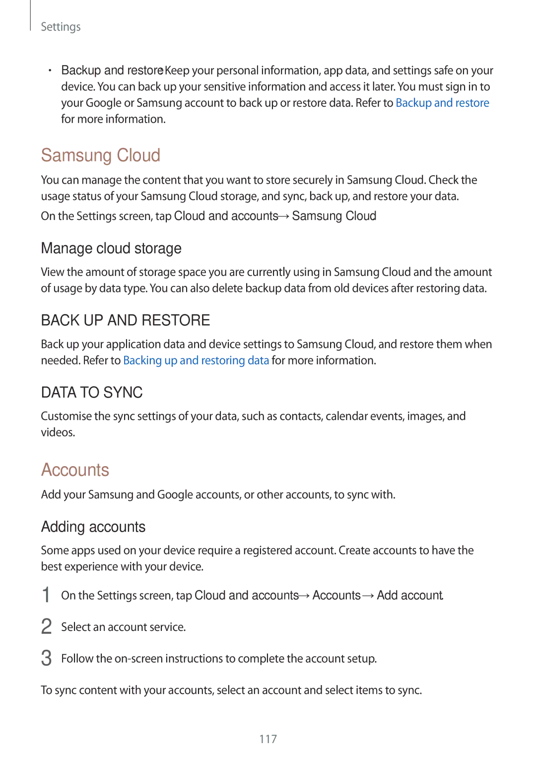 Samsung SM-J330FZKNITV, SM-J330FZSNDDE, SM-J330FZDNBOG manual Samsung Cloud, Accounts, Manage cloud storage, Adding accounts 