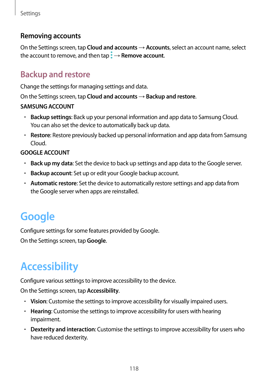 Samsung SM-J330FZDNITV, SM-J330FZSNDDE, SM-J330FZDNBOG manual Google, Accessibility, Backup and restore, Removing accounts 