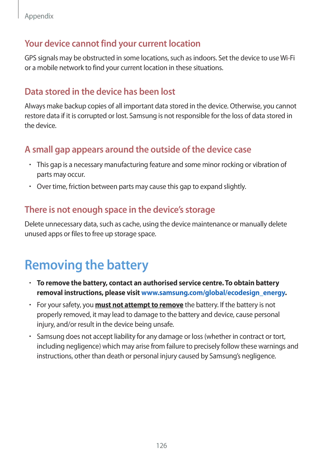 Samsung SM-J330GZDDXXV, SM-J330FZSNDDE, SM-J330FZDNBOG Removing the battery, Your device cannot find your current location 