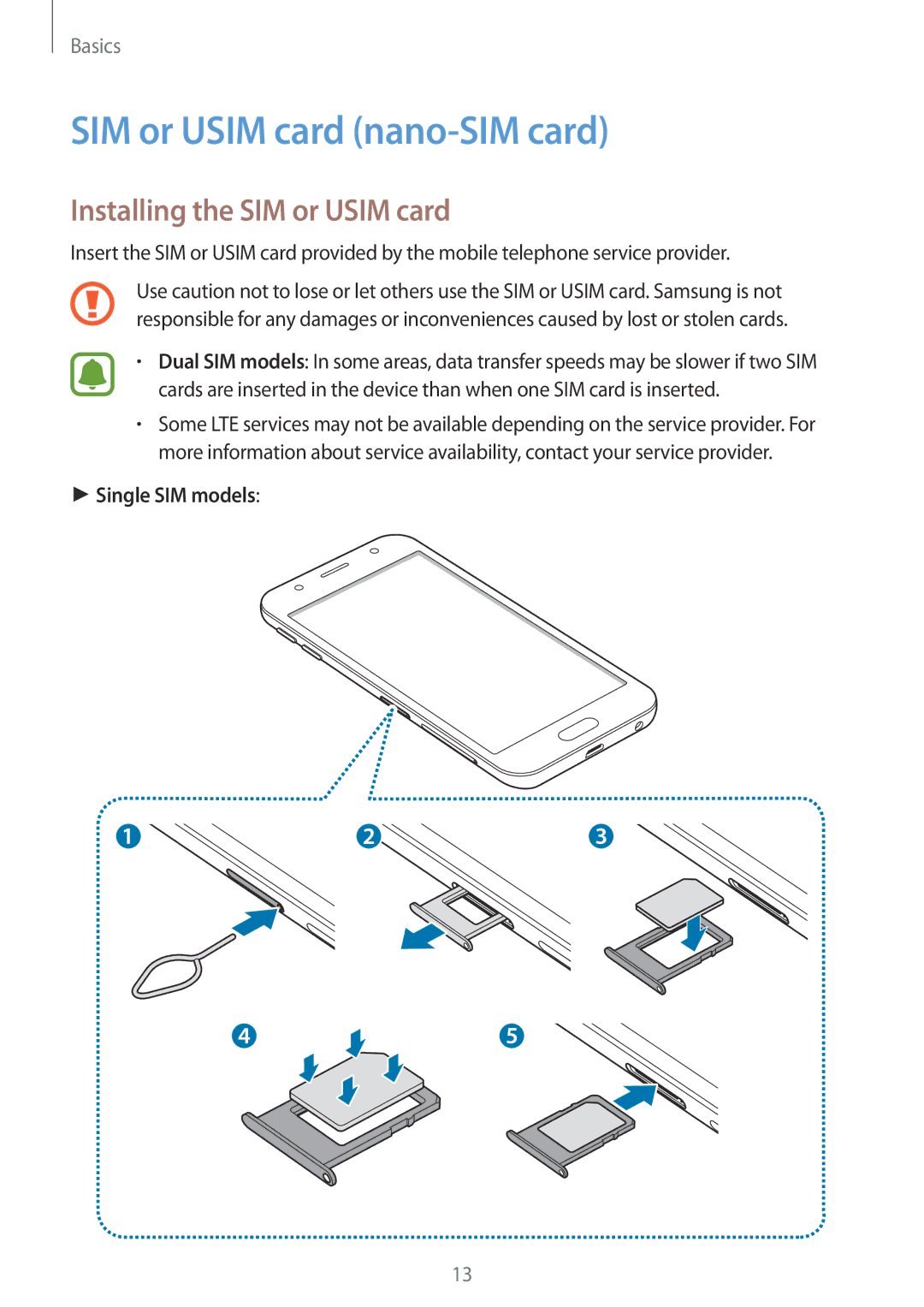 Samsung SM-J330FZSDDBT, SM-J330FZSNDDE, SM-J330FZDNBOG manual SIM or Usim card nano-SIM card, Installing the SIM or Usim card 