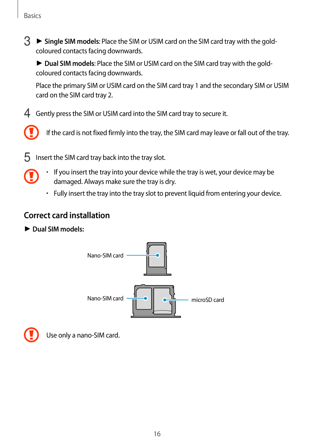 Samsung SM-J330FZKNSFR, SM-J330FZSNDDE, SM-J330FZDNBOG, SM-J330FZKNTCL, SM-J330FZSNCOS manual Correct card installation 