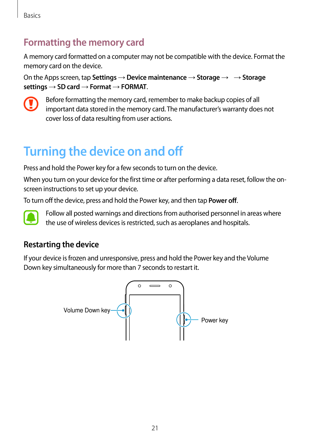 Samsung SM-J330FZSNVGR, SM-J330FZSNDDE Turning the device on and off, Formatting the memory card, Restarting the device 