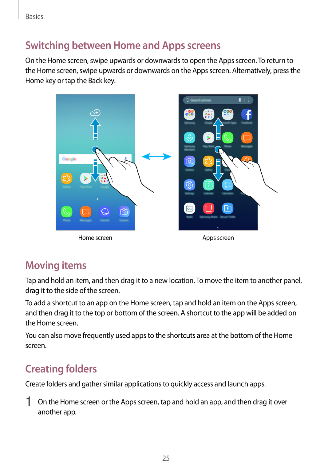 Samsung SM-J330FZDNXEF, SM-J330FZSNDDE manual Switching between Home and Apps screens, Moving items, Creating folders 