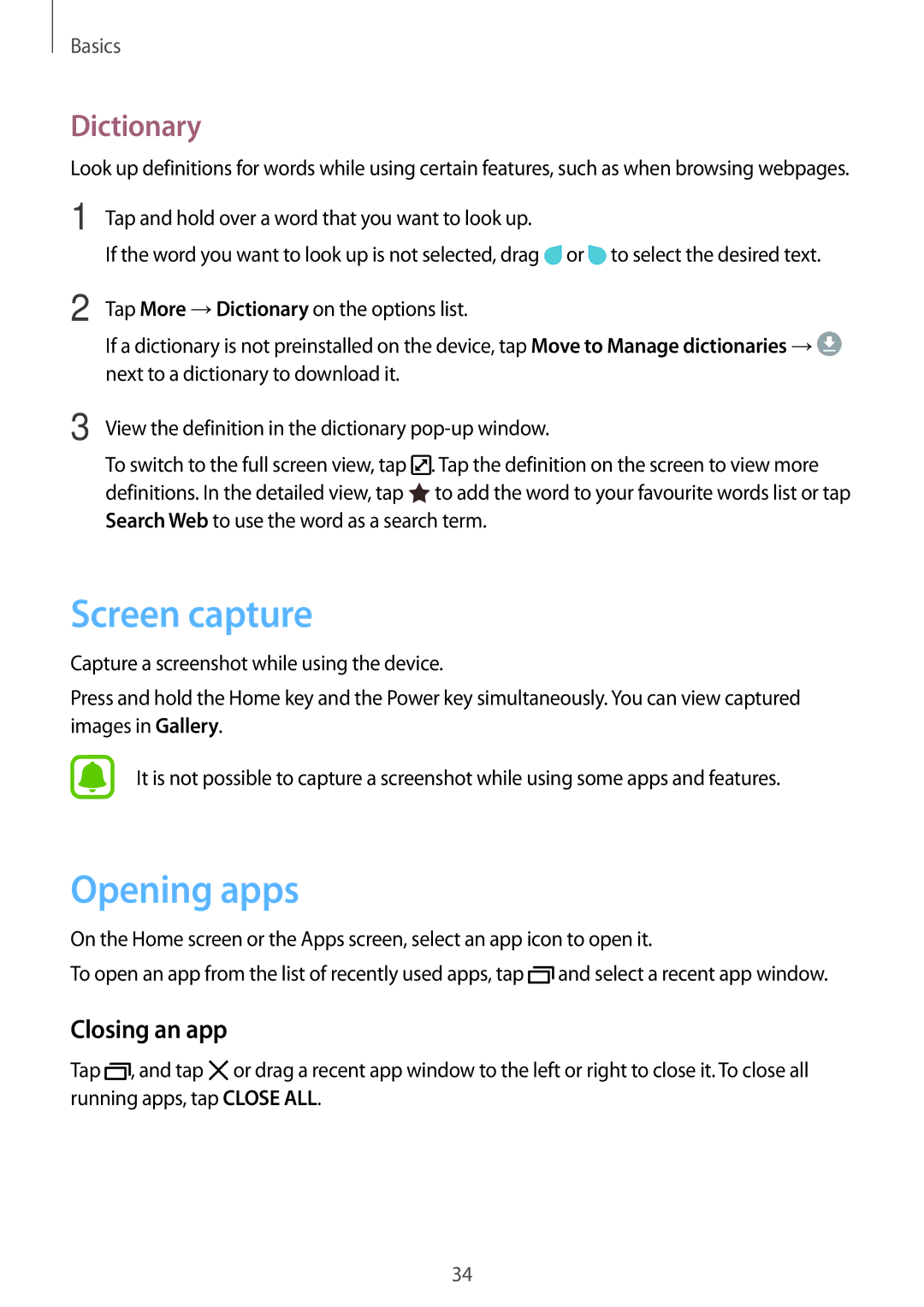 Samsung SM-J330FZSDPHE, SM-J330FZSNDDE, SM-J330FZDNBOG manual Screen capture, Opening apps, Dictionary, Closing an app 