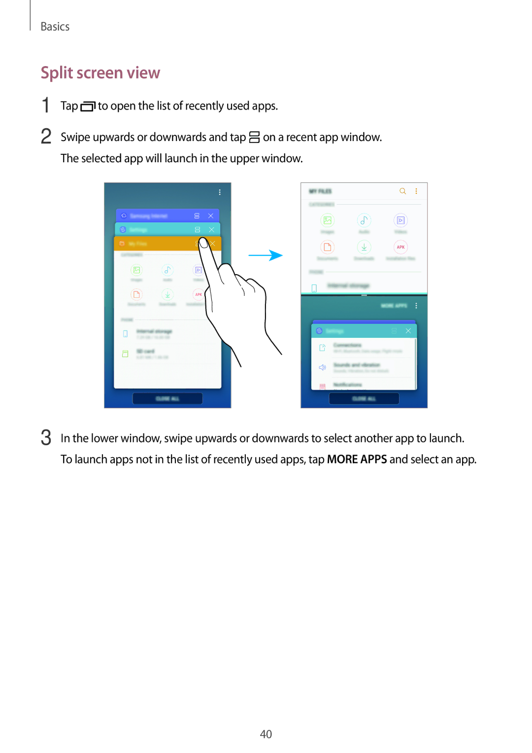 Samsung SM-J330GZDDXXV, SM-J330FZSNDDE, SM-J330FZDNBOG manual Split screen view, Tap to open the list of recently used apps 