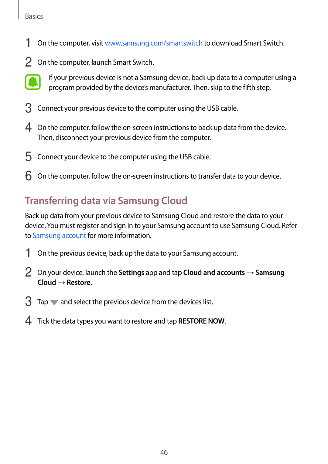 Samsung SM-J330FZKDROM, SM-J330FZSNDDE manual Transferring data via Samsung Cloud, On the computer, launch Smart Switch 